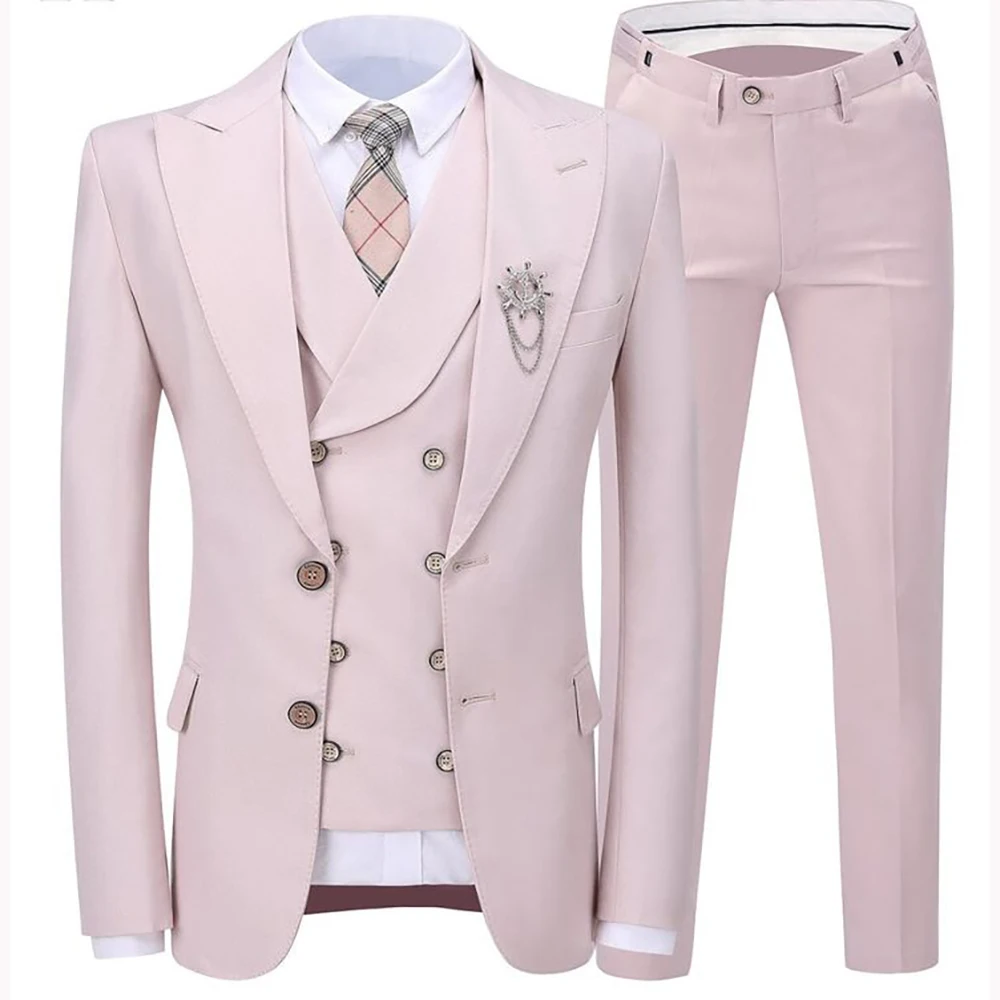 

Soft Pink Men's Suits Customized Single-breasted Peak Lapel Three Pieces(Jacket+Pants+Vest) Slim Formal Wedding Business Set
