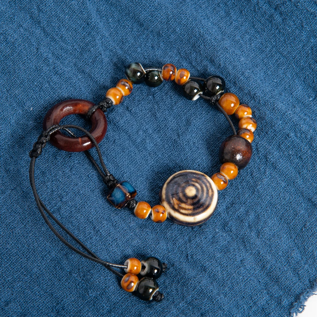 Handcrafted Vintage Brown Ceramic Disk Bracelet with Wooden Ring Adjustable Wax Cord Bohemian Ethnic Jewelry for Couples and Fri