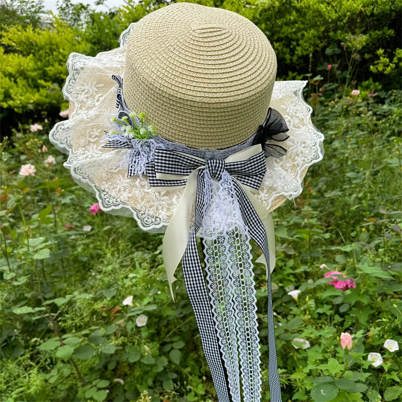 Multi Colored Plaid Lo Girl Straw Hat Japanese Versatile Beige Small Fresh Countryside Light Blue Sweet Bow Sun Hat