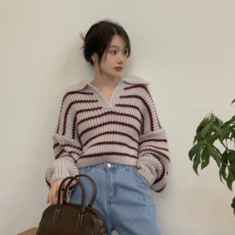 Fashion Striped Knitted Top For Women Color Block Design Short Sweater Loose Fit Autumn Spring T Shirt Ideal For Petite Girls