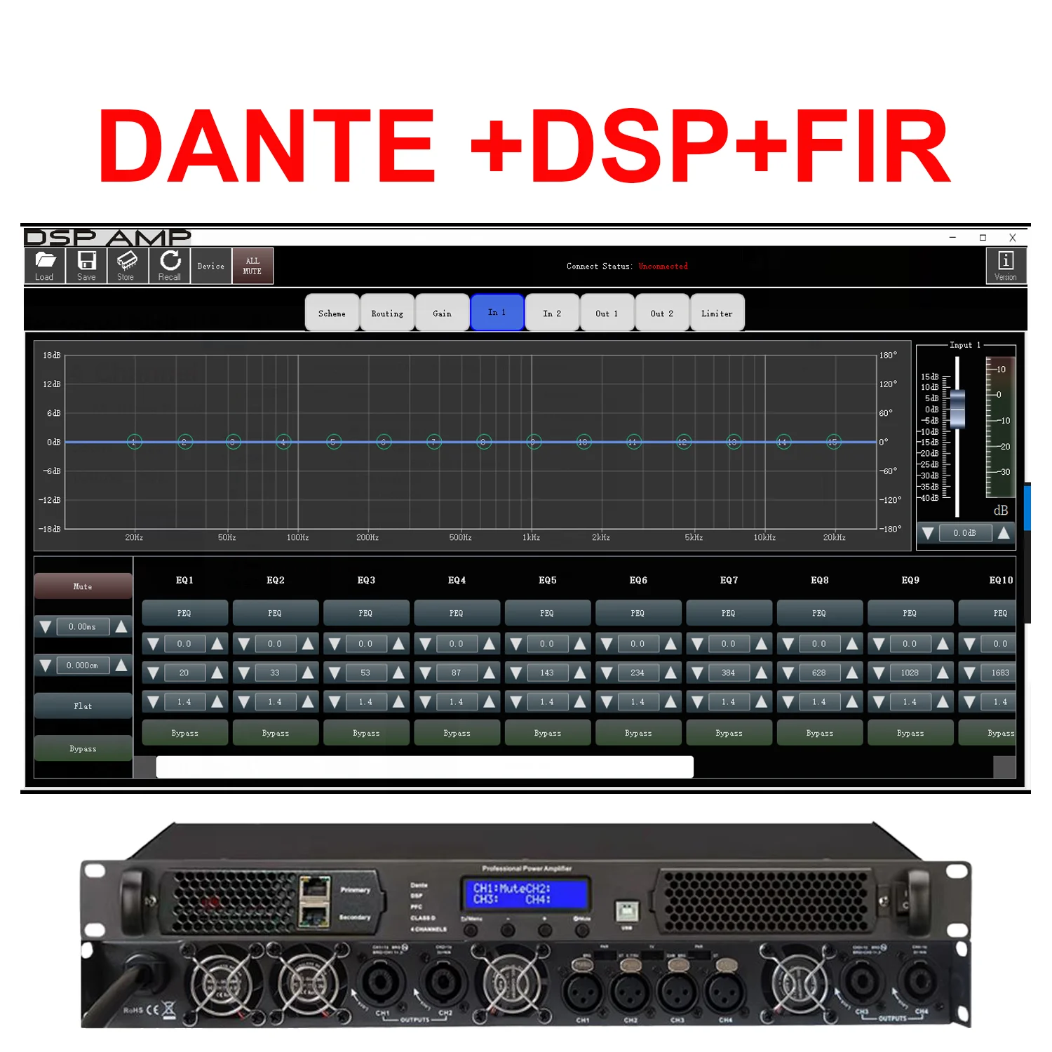 ShennDare DSP4.100P 4x1000W DSP Digitaler Leistungsverstärker mit Dante und FIR 96 kHz Professioneller Soundverstärker 4-Kanal-DJ-Subwoofer-Verstärker Line-Array-Lautsprecher-Vorverstärker