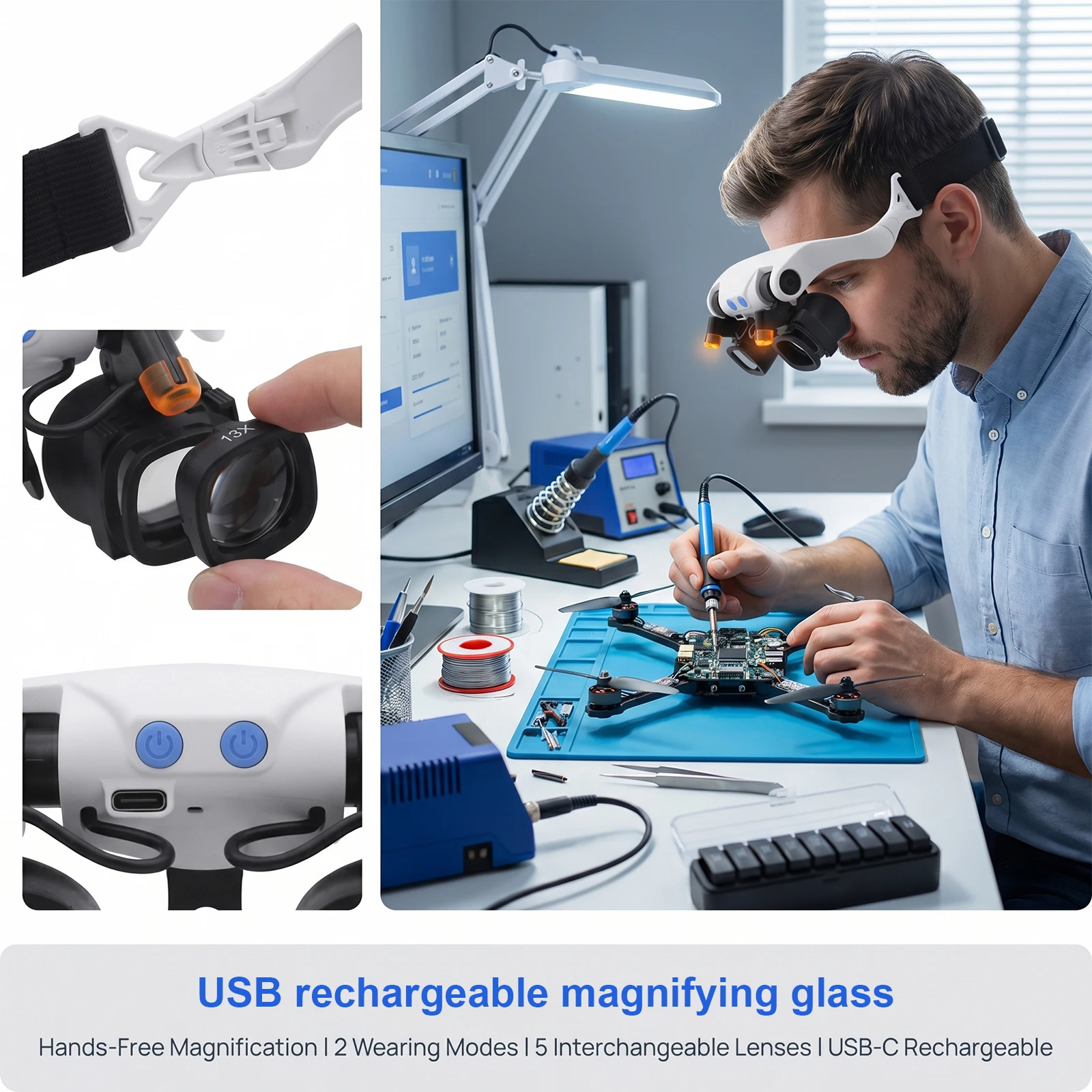 Headband Magnifying Glasses with LED Light Hands Free Magnifier with 10 Interchangeable Lenses for Jewelry Electronics Repair