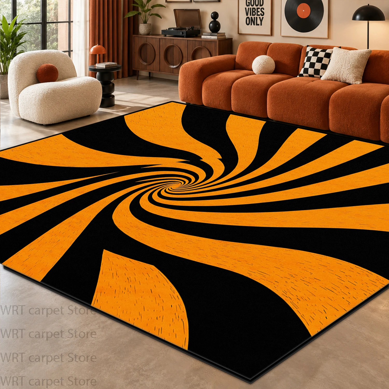 Retro Pop Art Spiral Rug for Living Room Black Orange Sofa Area Decoration Carpet Bedroom Lounge Non-slip Washable Floor Mat