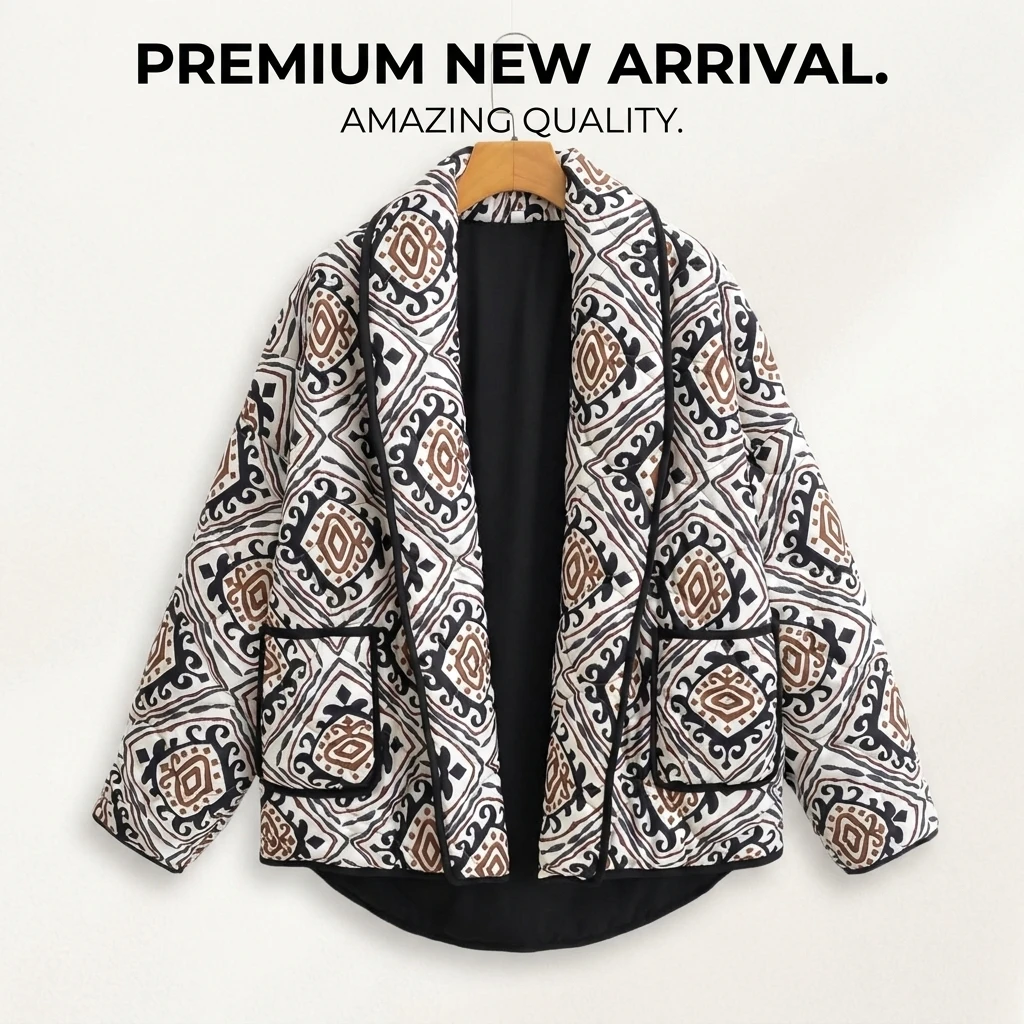 Women's Printed Quilted Jacket Vintage Geometric Padded Coat with Contrast Trim and Pockets