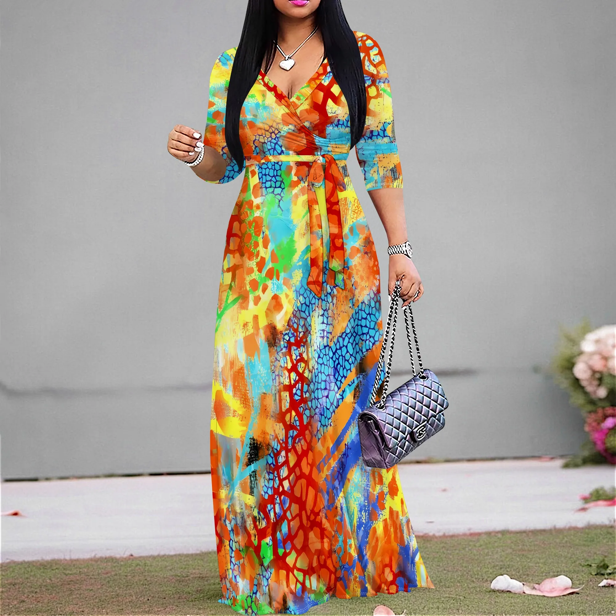 

Nupusa Abstract Print Dress for Women Summer Casual Wrap V Neck Half Sleeve Maxi Dress
