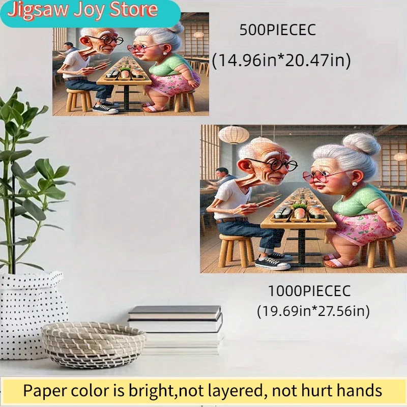 

Jigsaw Puzzle, Paper Puzzle, Featuring a Cute Cartoon Elderly Couple Eating Sushi. Made from High-Quality White Cardboard, Su