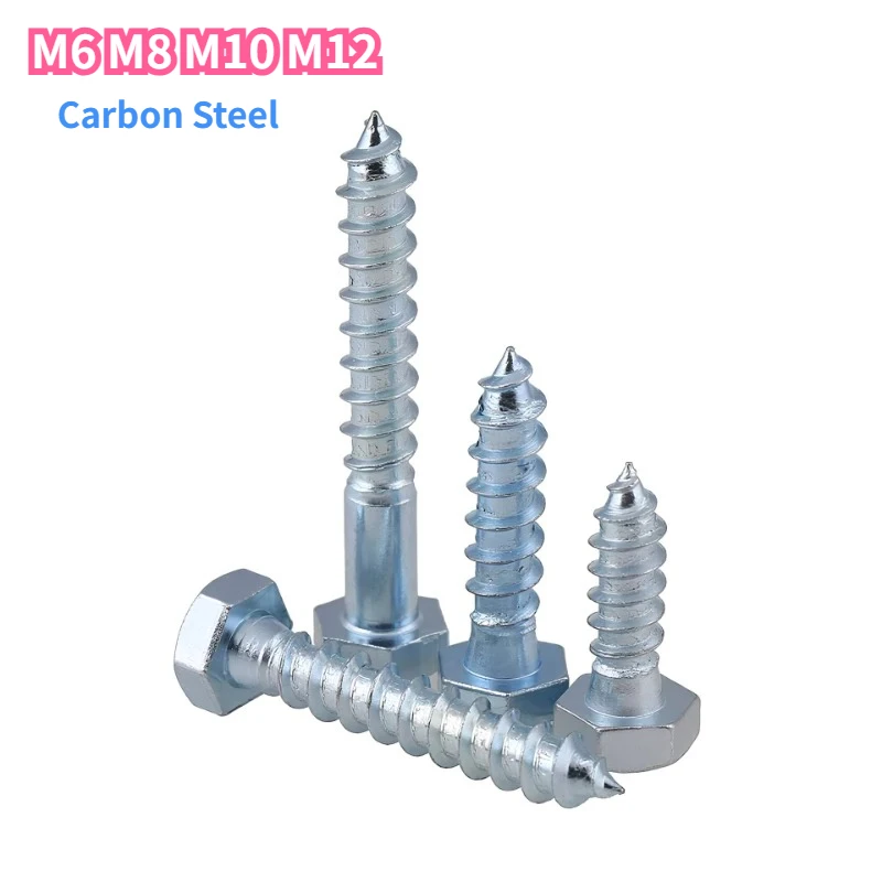 DIN571 Carbon Steel White Zinc Plated External Hexagon Self Tapping Screws M6 M8 M10 M12 Full Tooth and Half Tooth Wood Screw