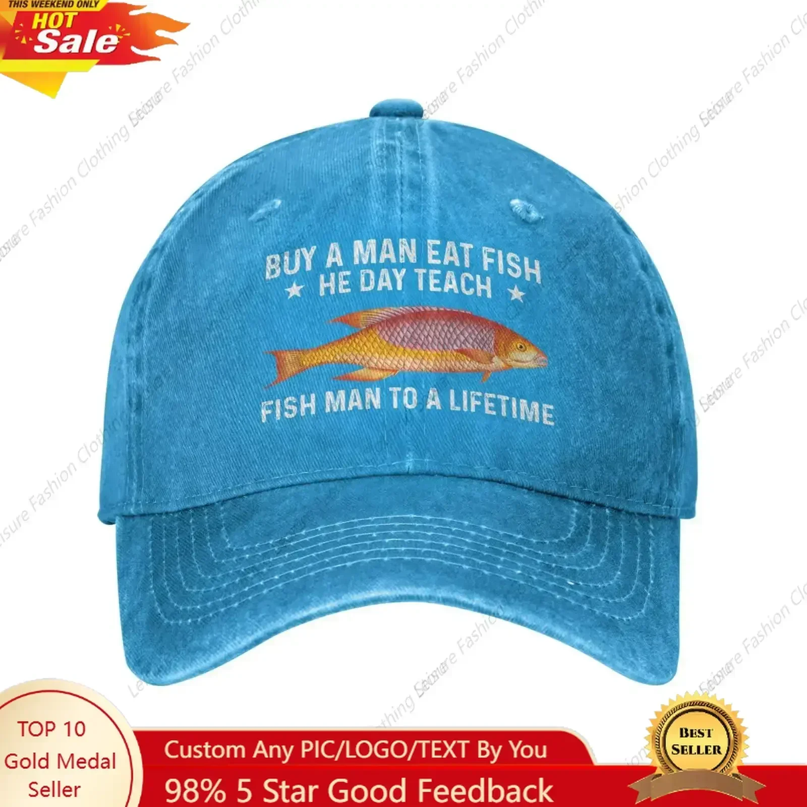 

Buy A Man Eat Fish He Day Teach Fish Man to A Lifetime Hat for Women Baseball Cap Cute Hats