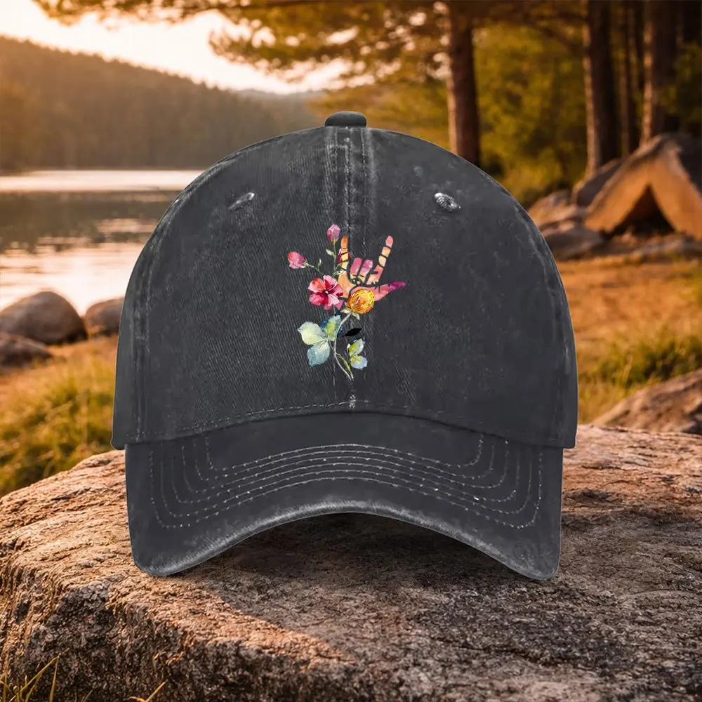 Casual All-Match Sign Language Floral Pattern Printed Washed Baseball Cap, Suitable for Golf, Casual Wear And Outdoor Activities