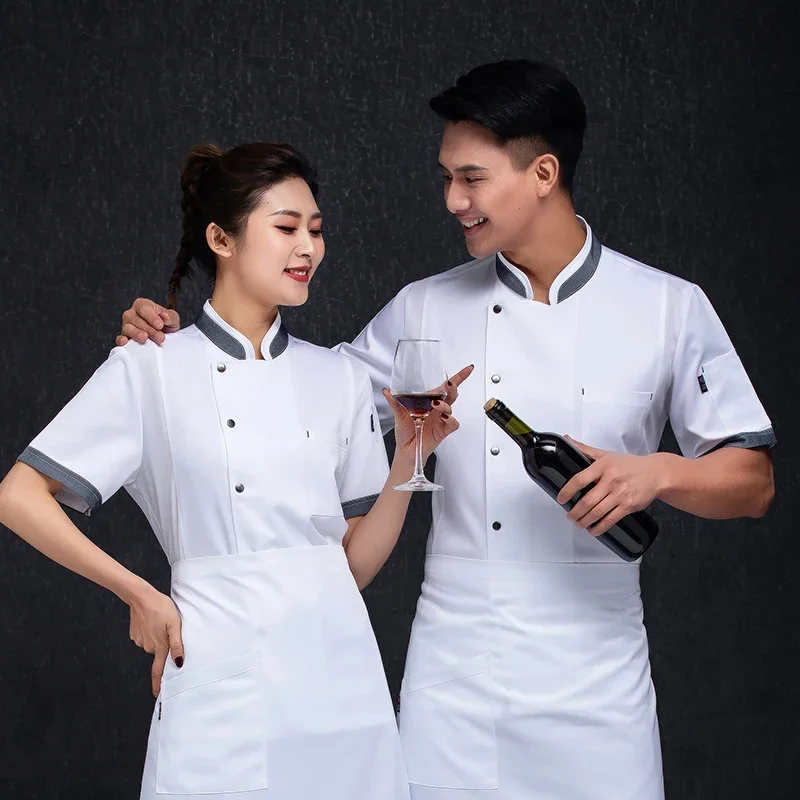 Summer Chef Jacket Short Sleeve Kitchen Clothes Gray Restaurant Uniform Women and Men Catering White Cook Coat Bakery Overall