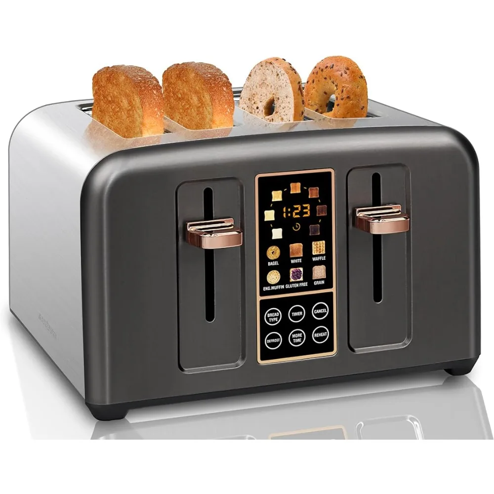 

Toaster 4 Slice, Stainless Toaster LCD Display & Touch Button, 6 Bread Selection, 7 Shade Settings, 1800W, Dark Metallic