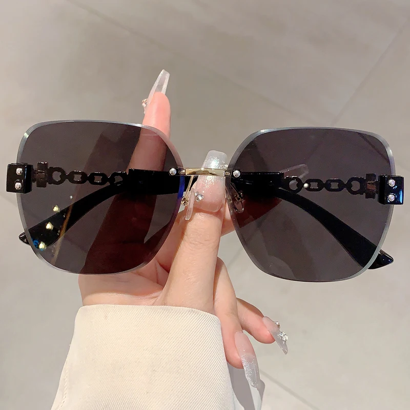 KAMMPT Gradient Tea Trendy Women Sunglasses Oversize Rimless Retro Shades for Decoration Driving UV Protection Sun Glasses