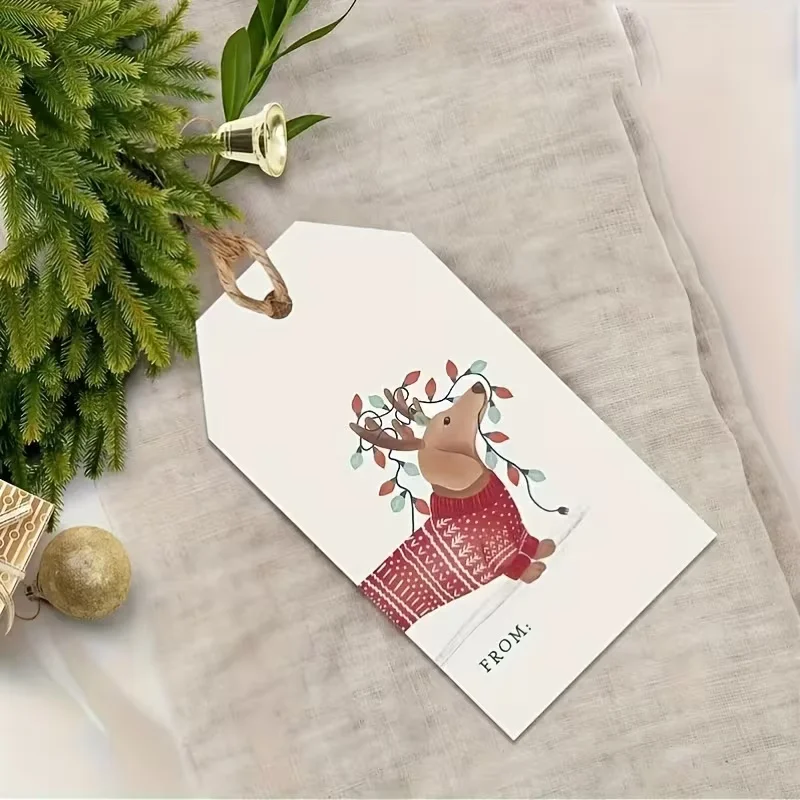 50-Pack Christmas Theme Gift Packaging Labels with Sausage Dog Design Wearing Red Patterned Sweater And Festive Light Vine Top.