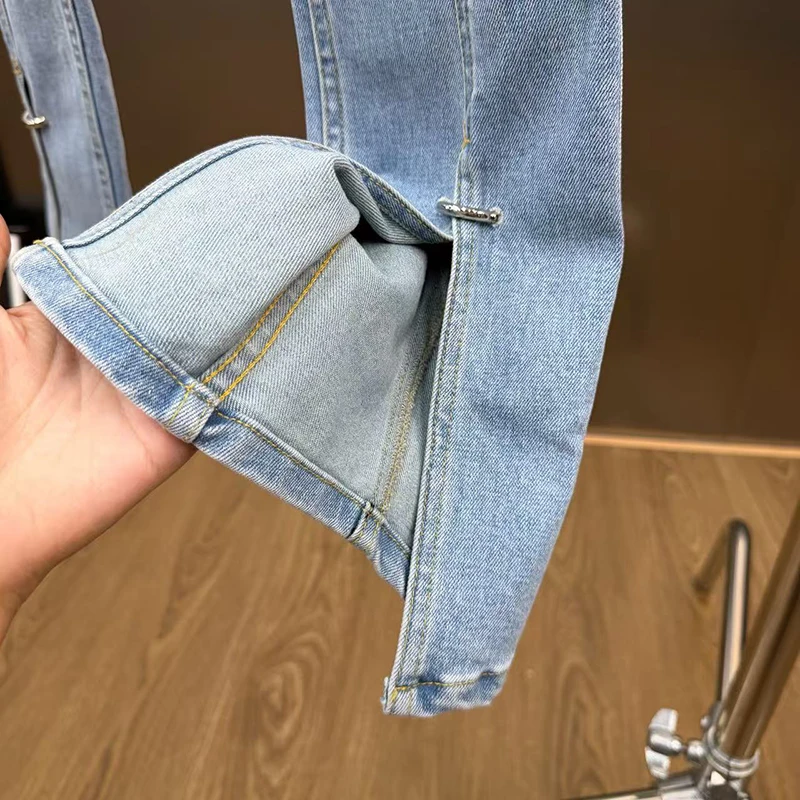 KBQ Lower Fork Iron Ring Installation Slimming Jeans for Women High Waist Temperament Patchwork Pockets Chic Pant Female Style