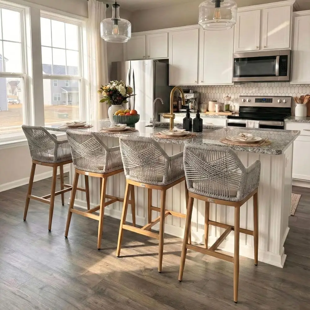 

Set of 4 Rattan Tall Bar Stools, 28 High Back with Arms, Outdoor Wicker for Patio, Backyard, or Island Kitchen