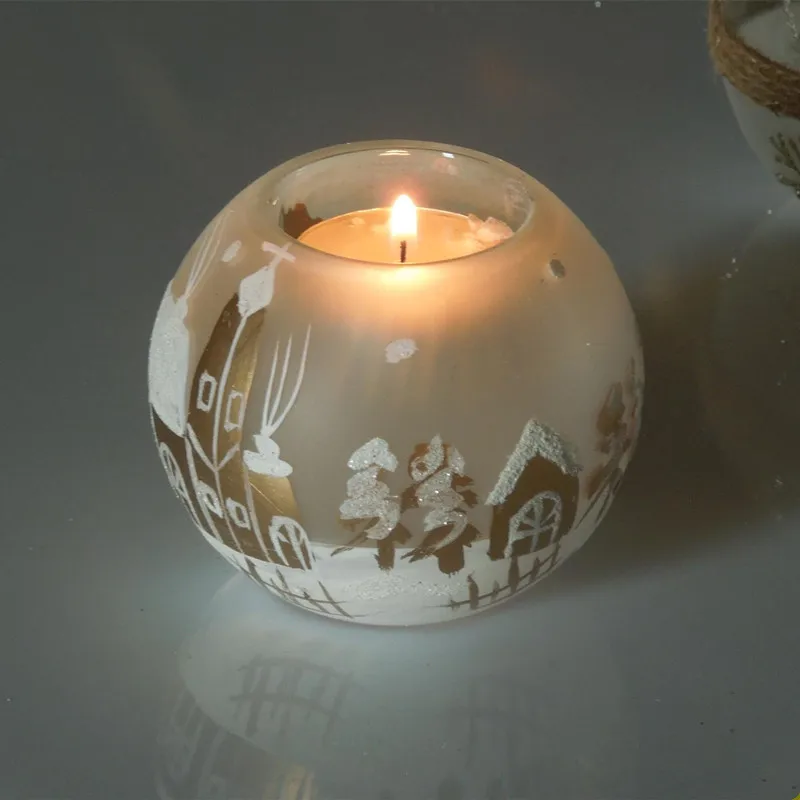 12pcs/pack Diameter=10cm Gold Painted Snow View House Glass Candle Holder Christmas Day Ornament Mall Kindergarten Window Deco