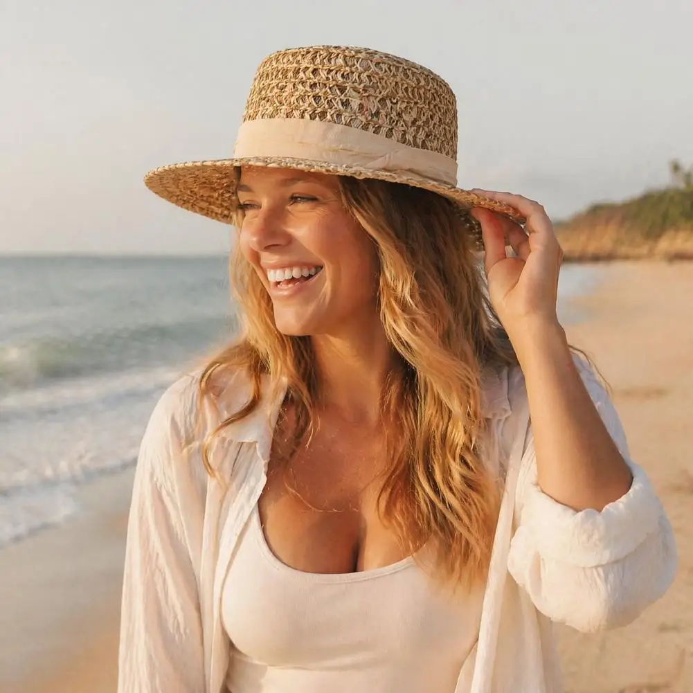 Sun Protection Beach Hat Women Straw Hat with Satin Ribbon Wide Brim Breathable Sun Hat Summer Beach for Women for Women