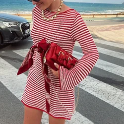 Women's y2k Spring and Autumn Slim Knitted Dress Aesthetic Striped Round Neck Long Sleeve Casual Street Skirt