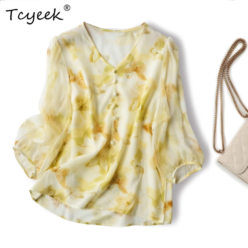 

Tcyeek 100% Mulberry Silk Summer High End Floral V-neck Seven Quarter Bubble Sleeves Women's Shirts Женская Одежда חולצותנשים
