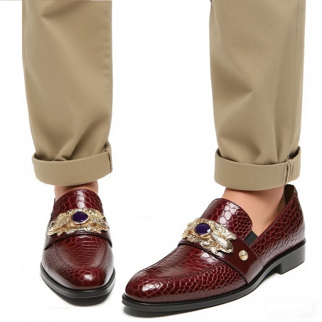 Herrenschuhe aus echtem Leder in Weinrot mit Schlangenmuster, goldener Tiger-Schnalle und violettem Edelstein-Dekor, urbanes Modeschuhwerk für Partys – Detail 3