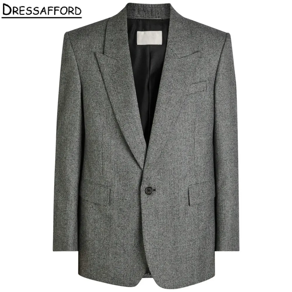 Gray Checked Woolen Tuxedos For Men's Suit 2 Pieces Customized Elegant Loose Fit Man Suits For Wedding Groom Business