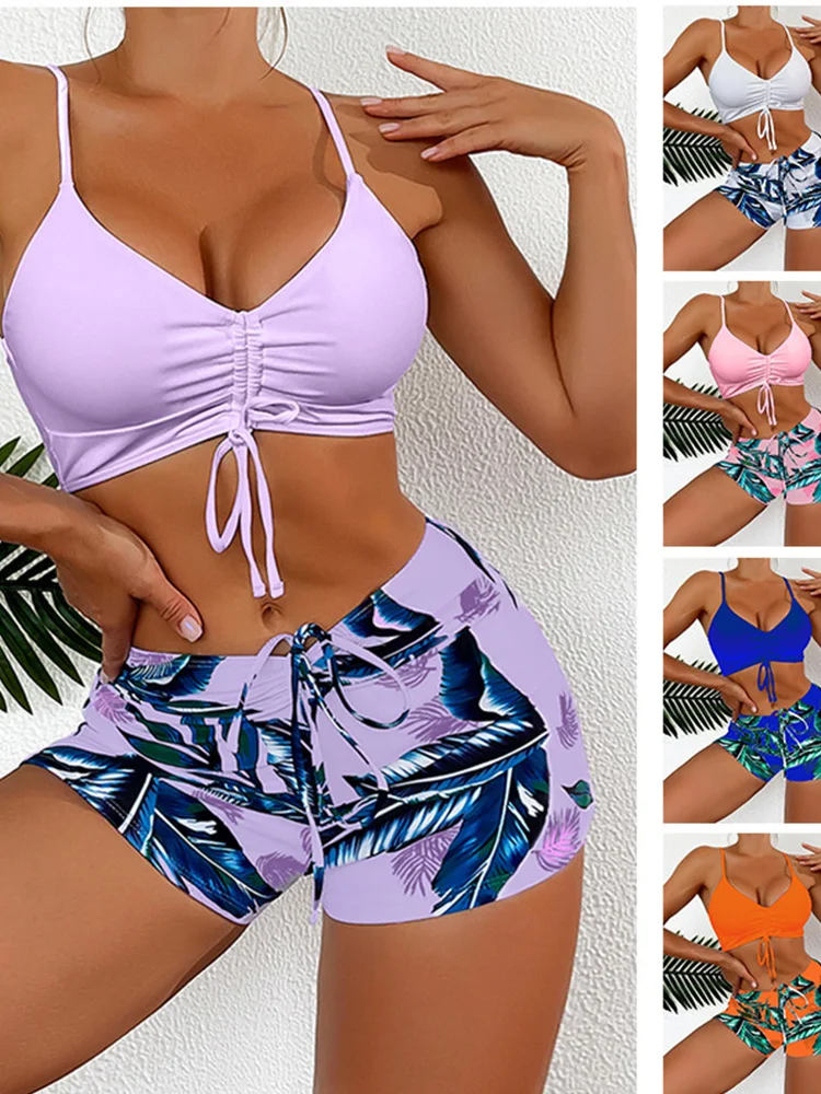 

Сексуальный спортивный купальник для женщин: модный винтажный комплект без рукавов с принтом и шнуровкой, новинка 2026 года, весна-лето, раздельный купальник-бикини из двух частей