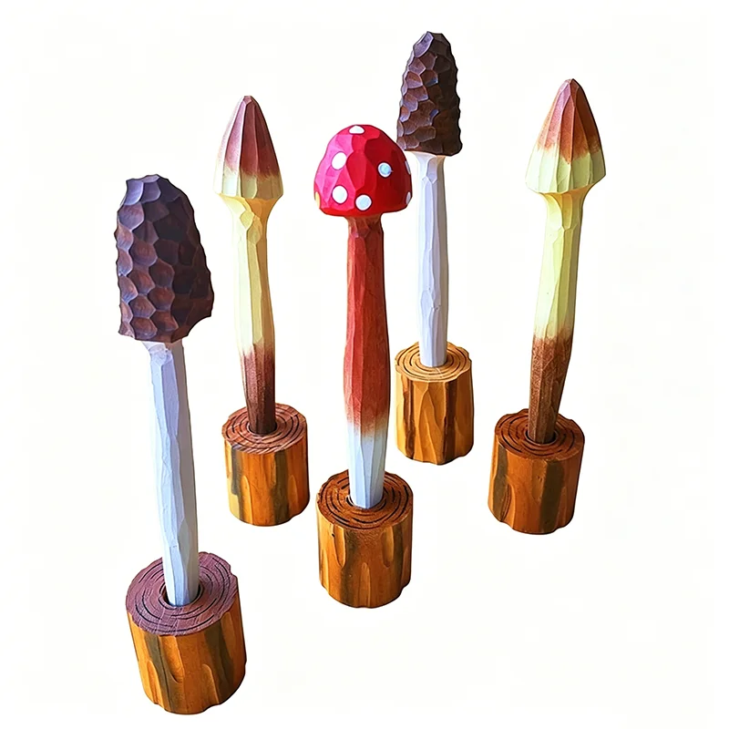 Wooden Mushroom Pen Cute Carved Gel Pen Creative Wood Handmade Desk Decor Gift For Student Office School Supplies