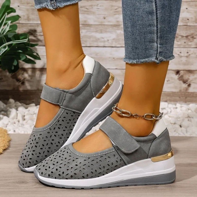 Spring Summer New Fashion Large Size Thick Bottom Sneakers for Women Casual Hollow Out Wedges Heel Single Sports Shoes view 6