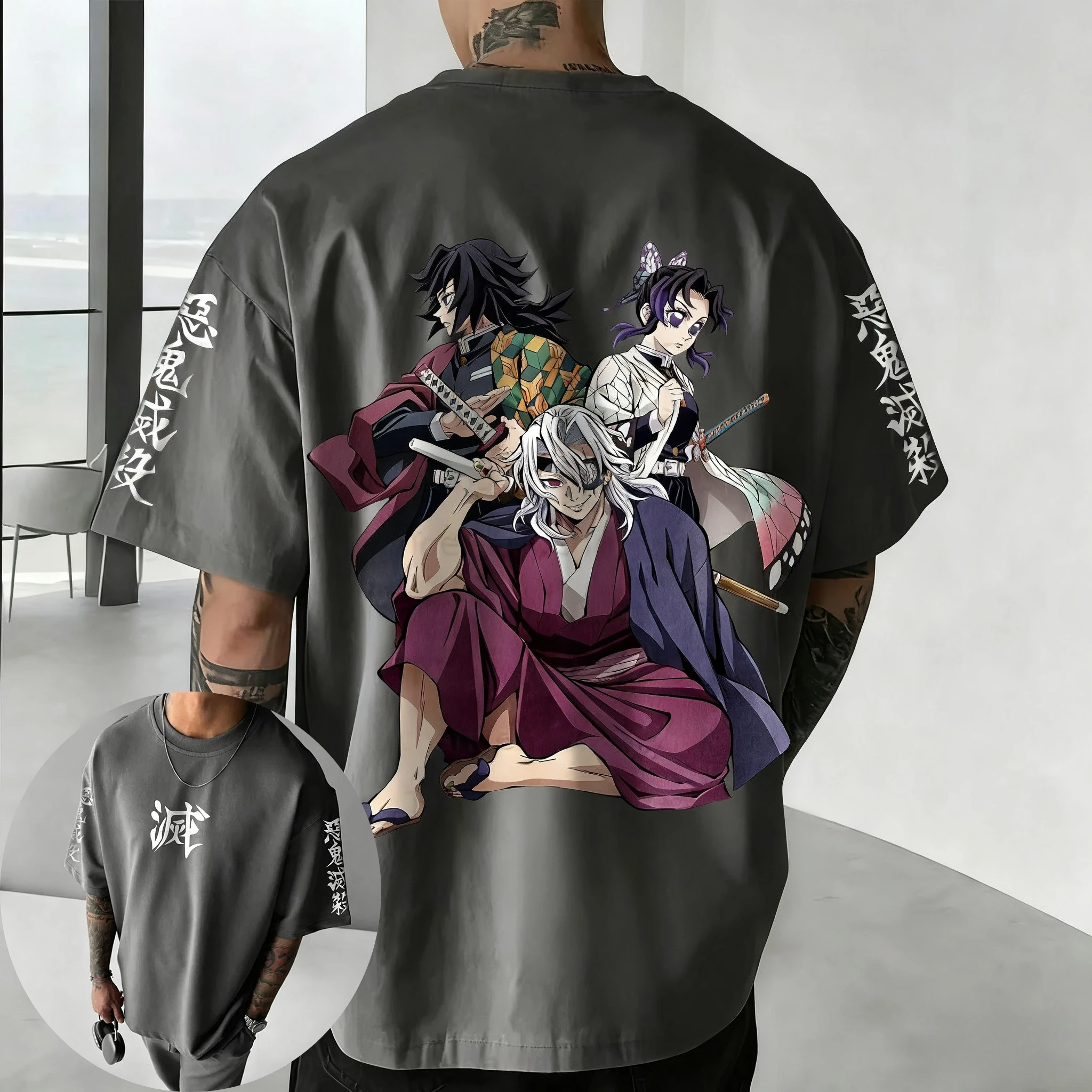 Bandai New Demon Killer Nezuko Charcoal Man Character Printed Short Sleeve T-Shirt Men's and Women's Casual Loose Plus Size Top