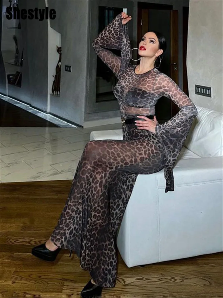 Shestyle Leopard Flare Ärmel Meerjungfrau langes Kleid transparent Herbst Dot Mesh Hipster schiere dünne Kleidung Outwear Winterurlaub