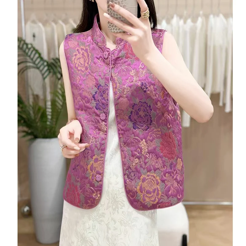 High-Quality Spring/Summer New Collection Standing Collar Rose Jacquard Hidden Button Fashionable and Elegant Women's Vest S-XL