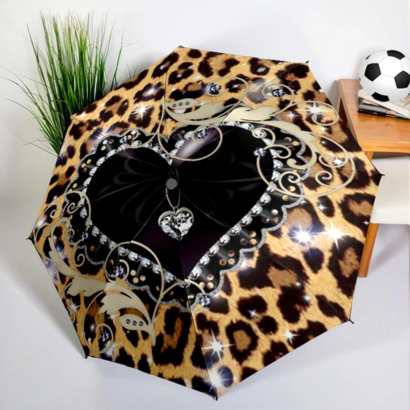 Heart Leopard Print Umbrella Automatic Open/close, Sturdy Iron Frame & 8-Rib Struct, Umbrella for Women & Men, Christmas Gifts