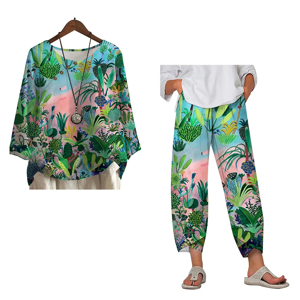 CLOOCL Women Floral Blouse Pants Orchid 3D Printing Long Sleeve Top and Ankle-Length Trousers Spring Summer Top and Pants