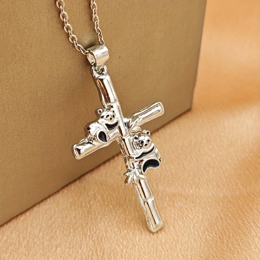 Fashion Panda Bamboo Cross Necklace for Women\'s Birthday Love Anniversary Christmas Jewelry Gift Animal pendants