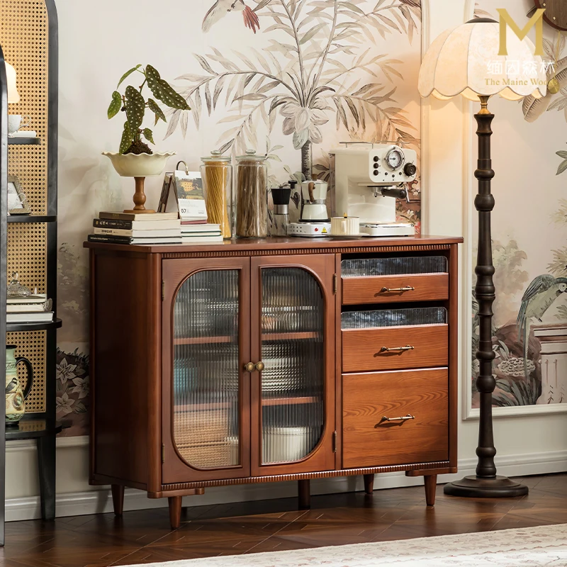 Retro small apartment dining side cabinet living room tea cabinet locker solid wood cabinet side tea bar machine