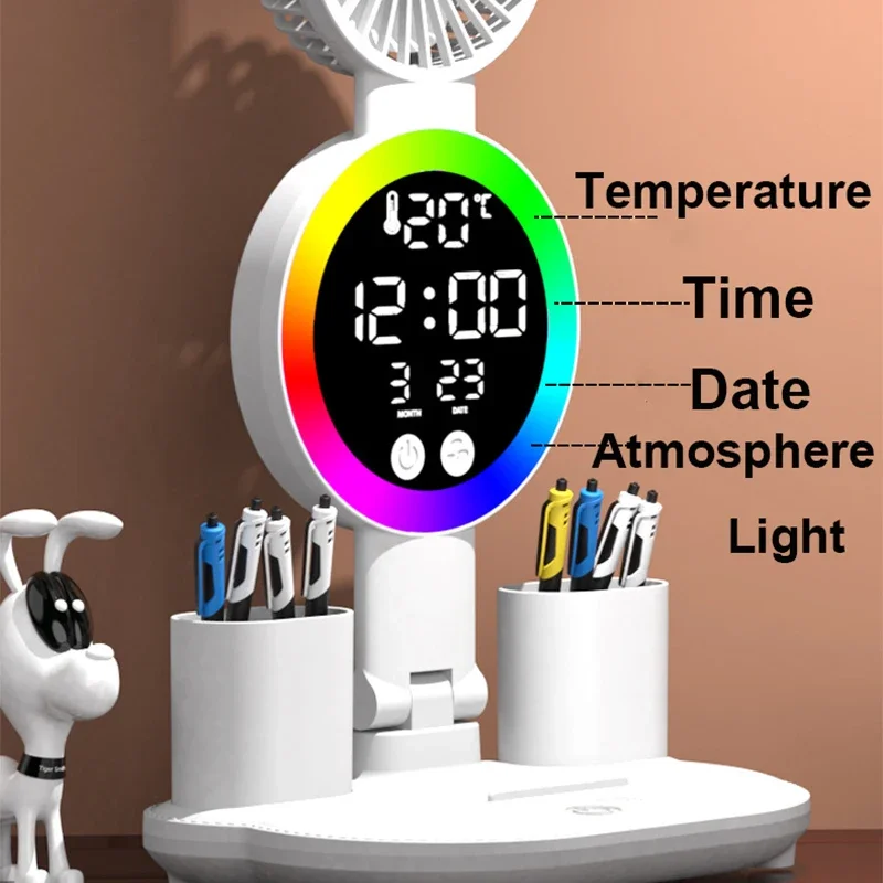 LED Clock Table Lamp USB Chargeable Dimmable Desk Lamps 4 Heads 180 Rotate Foldable Eye Protection Desktop Reading Night Lights