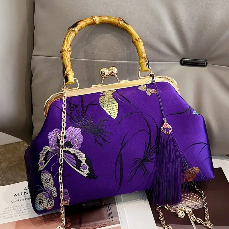 Fashion Women Butterfly Flower Lock Shell Clip Designer Chain Shoulder Bags Vintage Crossbody Bags Totes Purple Tassel Handbags