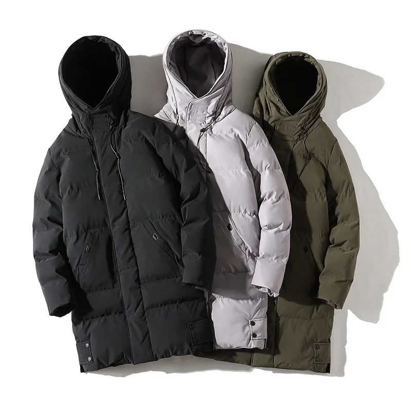 

Winter Man Down Coat New Thicken Cold-proof Hooded Male Jacket Simple Solid Color Long Sleeve Zipper Mid Length Men Outerwear
