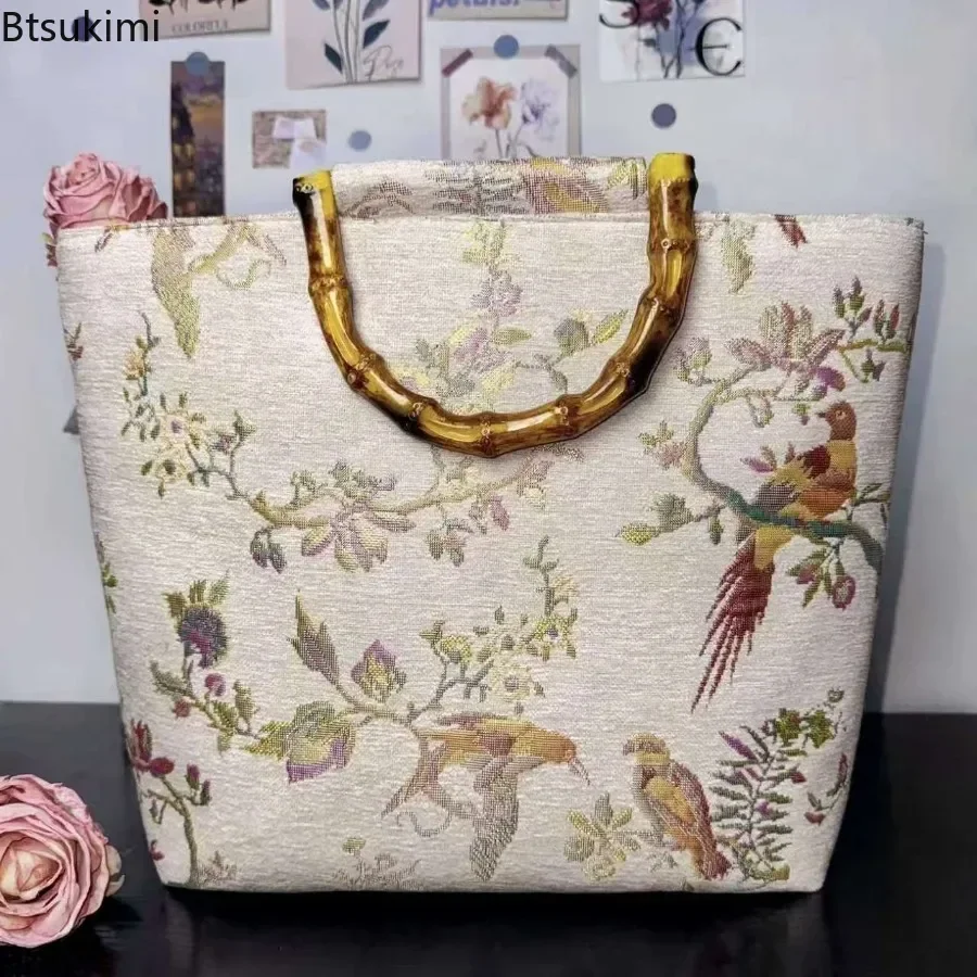 New Chinese-style Women's Handbags Vintage Jacquard Large Capacity Tote Bags Imitation Bamboo Handle Ladies Casual  Canvas Bags