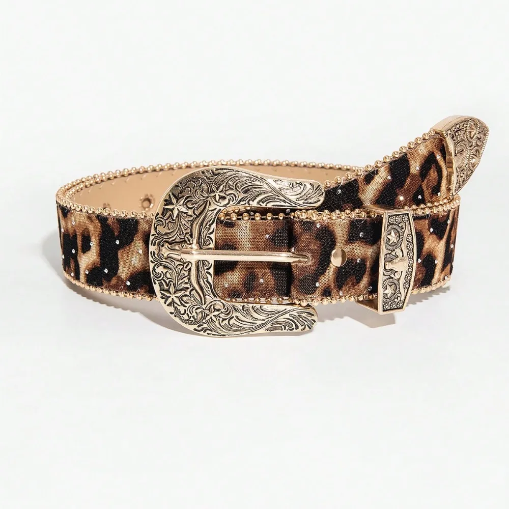 1 Piece Leopard Print Small Rhinestone Decorative Cow Head Element Buckle Metal Buckle Version Women's Decorative Belt