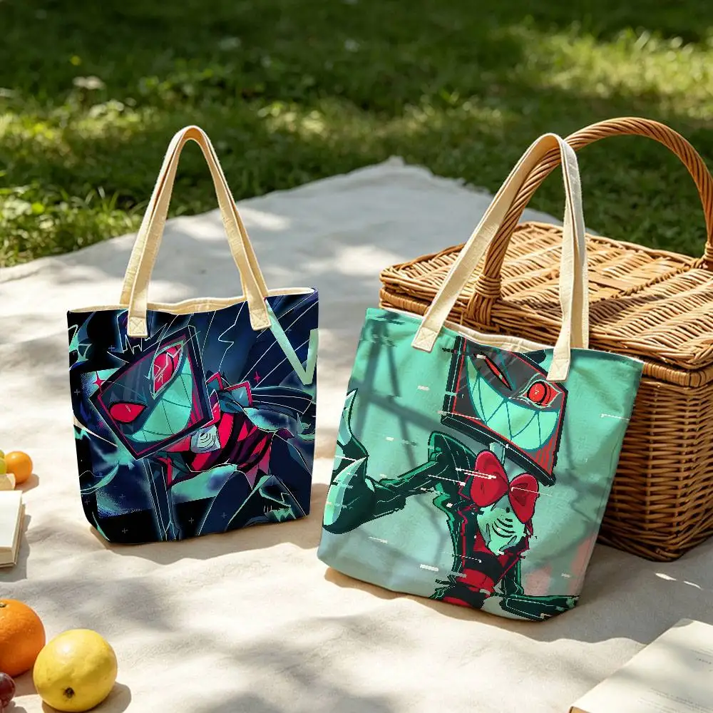 Vox Hazbin Hotel Anime Linen Blend Cotton‑Polyester Shoulder Tote Bag Reusable Eco‑Friendly Handbag Storage Shopping Daily