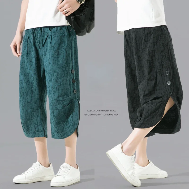 

Fashions Men Harajuku Button Calf Length Harem Pants 2024 New Mens Summer Joggers Pants Male Vintage Chinese Style Sweatpants