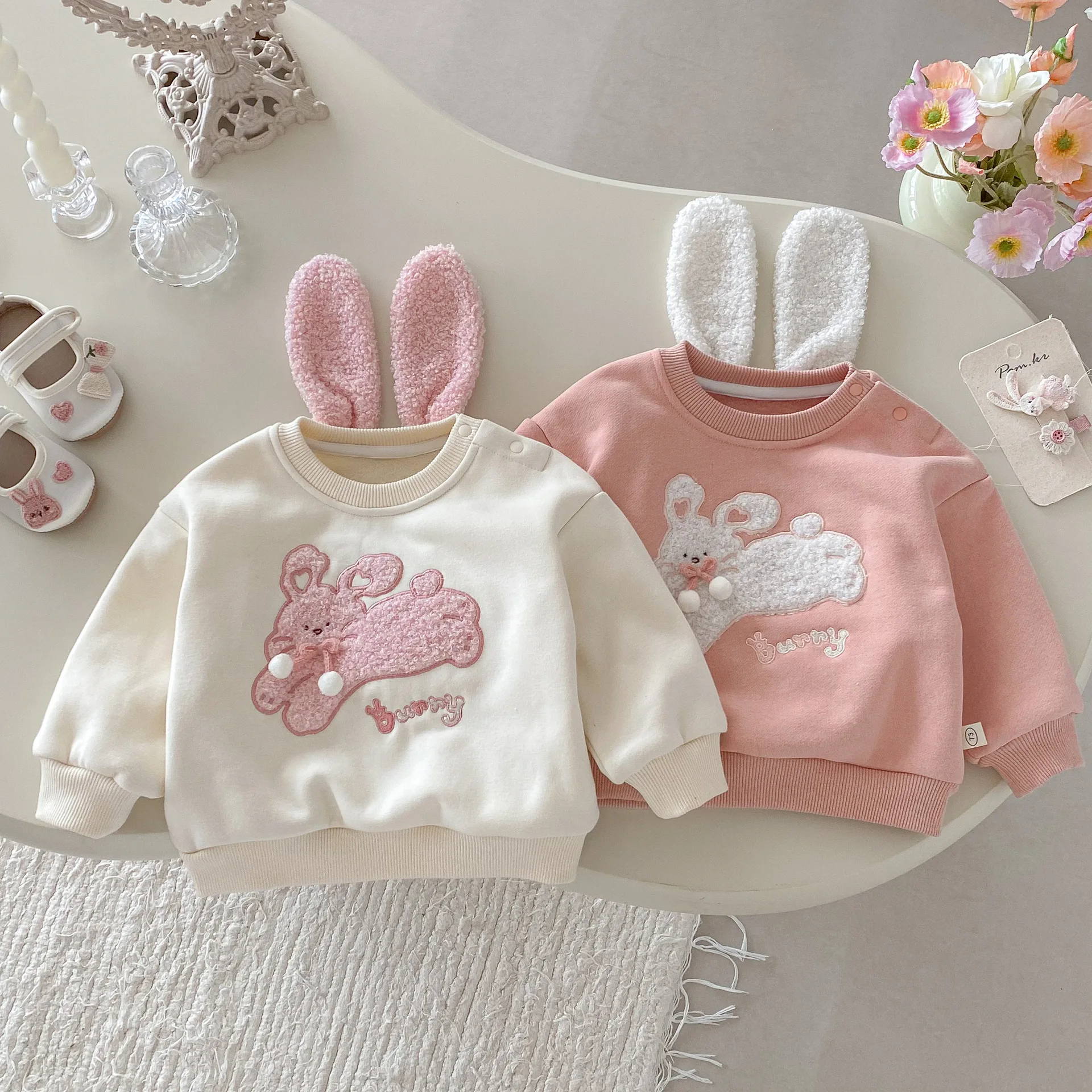 

0-5Y Cute Girl Clothes Cotton Fleece Sweatshirt Rabbit Embroidery 3D Ears Design Kids Warm Long Sleeve Pullover Autumn Winter