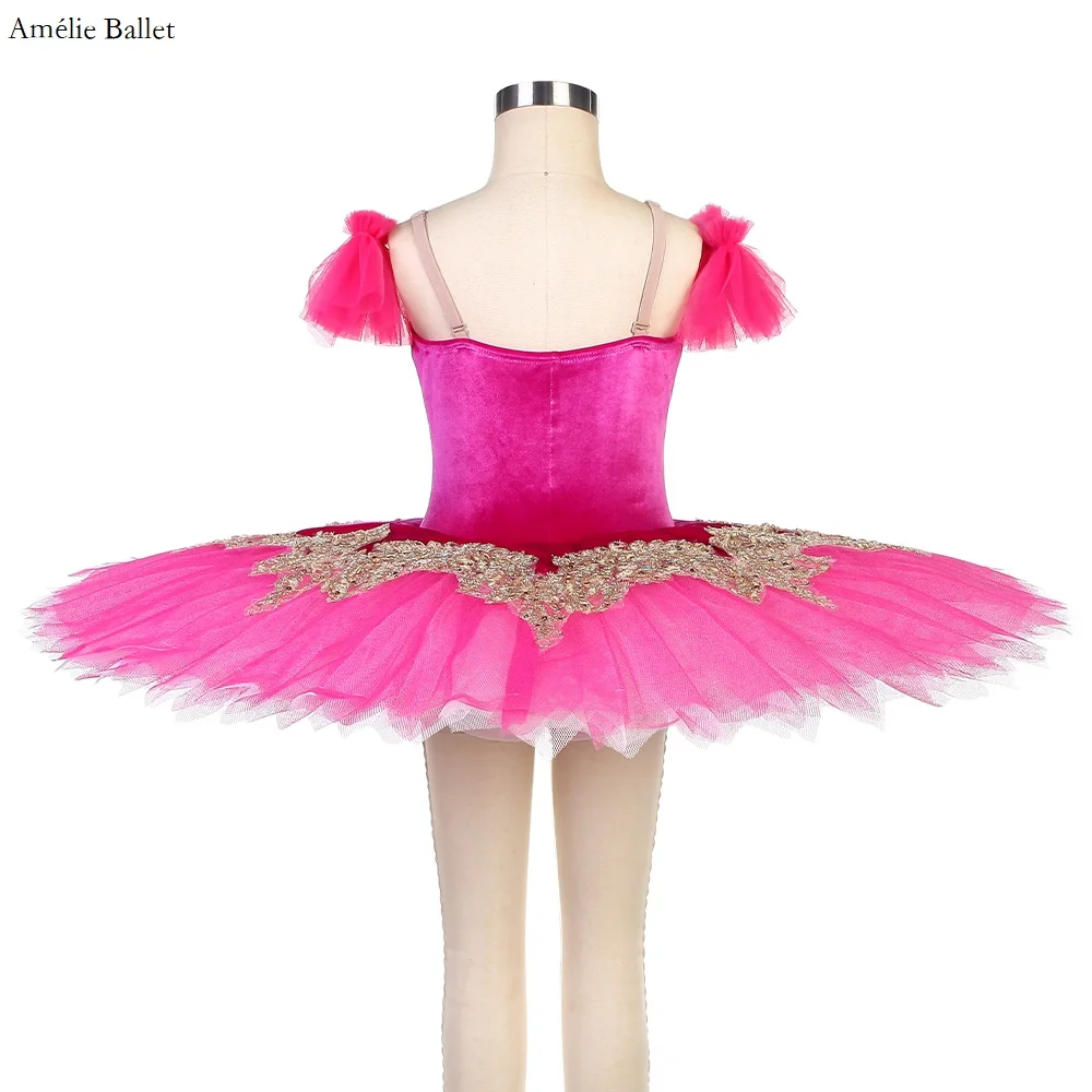 BLL515 Rose Red Vevelt Bodice and Tulle Tutu with Gold Trim Decorated Pre-professional Ballet Tutu Adult Girls Ballet Dance Tutu