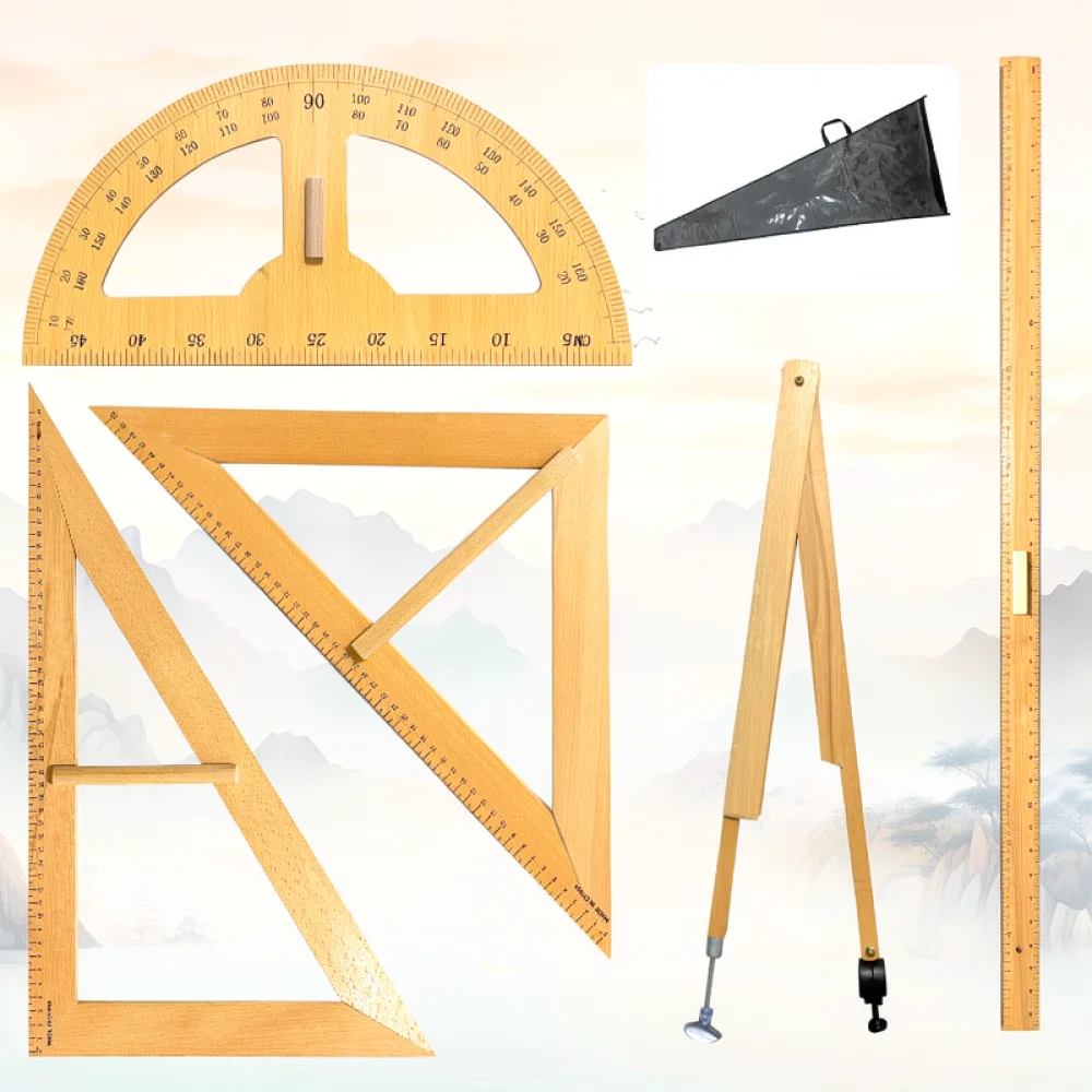 High Quality Wooden Math Teaching Set Beech Ruler Protractor Compass For Professional Classroom Board Demonstration