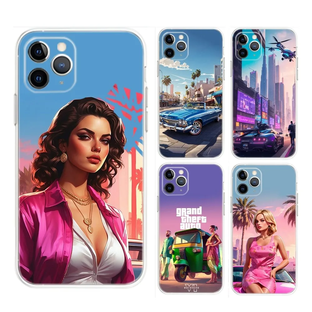 Game G-GTA 5 6 Vice City Phone Case For iPhone Apple 15,14,13,12,Mini,11,Pro,Max,Plus,X,XR,XS,8,SE,2020,Plus Transparent Cover