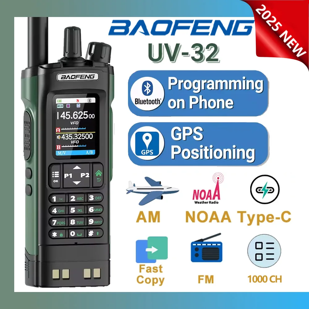 2025 NEW Baofeng UV-32 10W GPS Multi Band Bluetooth Programming Wireless Copy Frequency NOAA Long Range Ham FM Two Way Radio