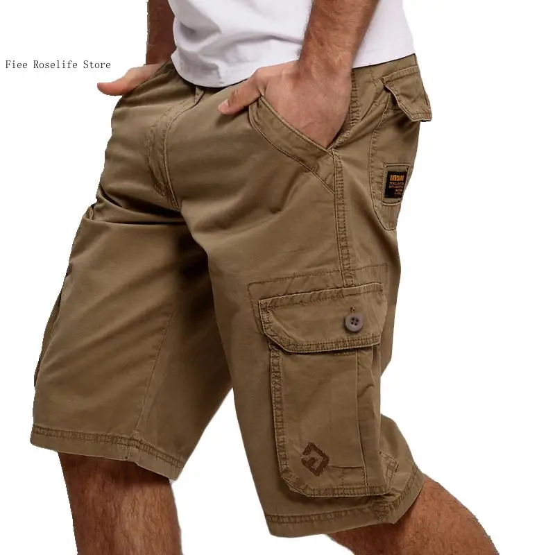 Summer Autumn Men's Simple Casual Cargo Commuting Shorts with Pockets Green Pure Color Loose Fit (No Belt)