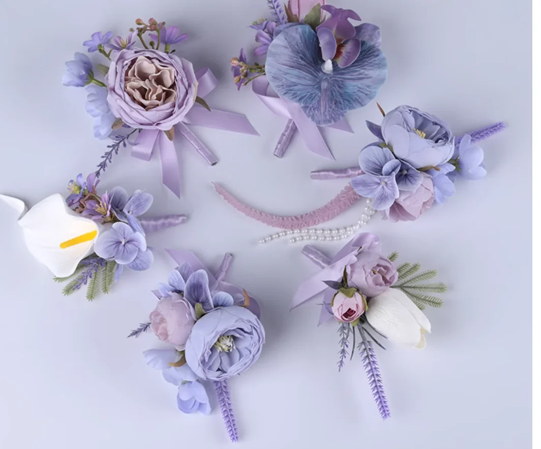 Blue-purple business conference guest Jin Hua wedding corsage bride and groom wedding simulation Pei Hua high-end wrist flower