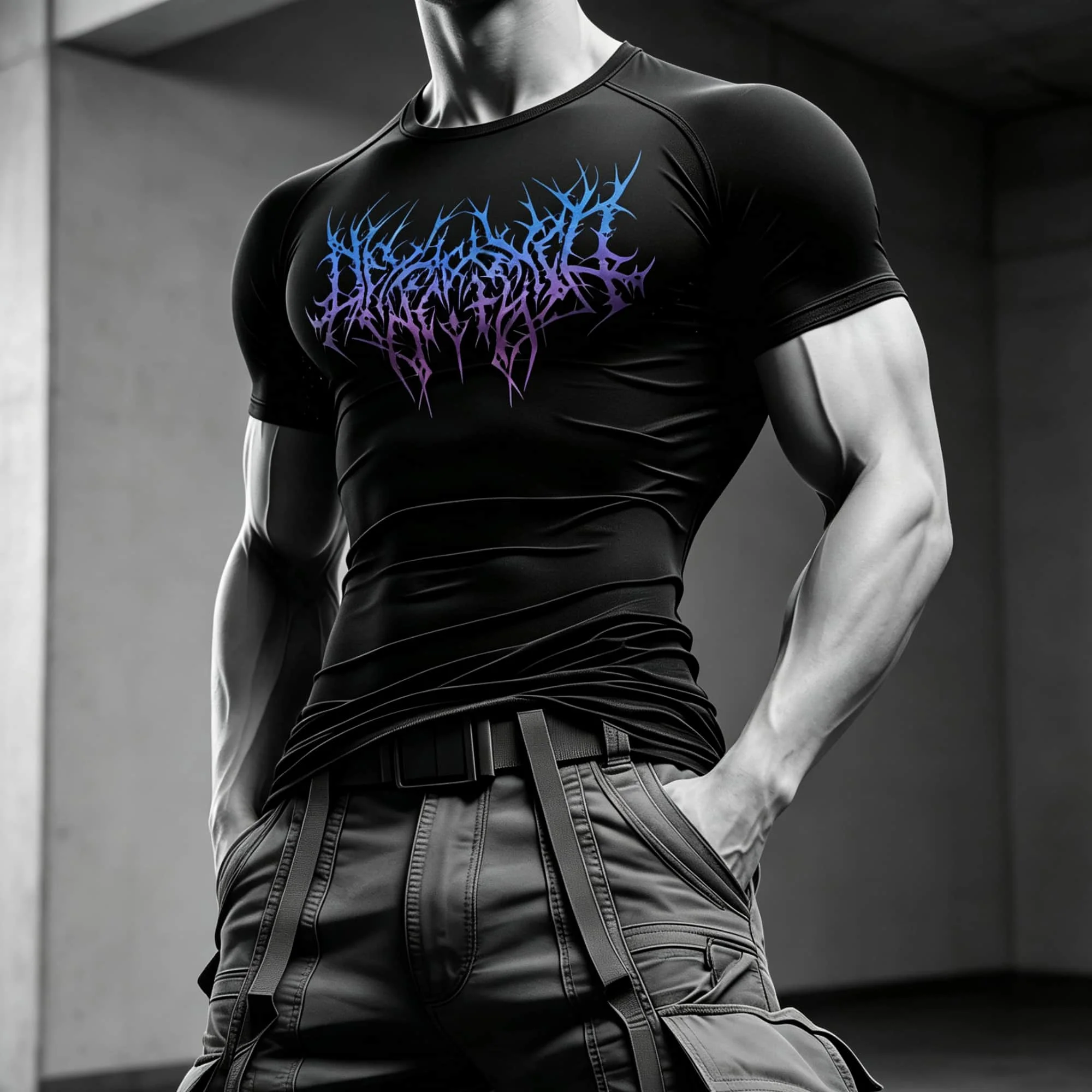 Men Slim Fitted Short Sleeve T‑Shirt Gradient Death Metal Font Graphic Tee Black Gym Workout Punk Street Performance Top